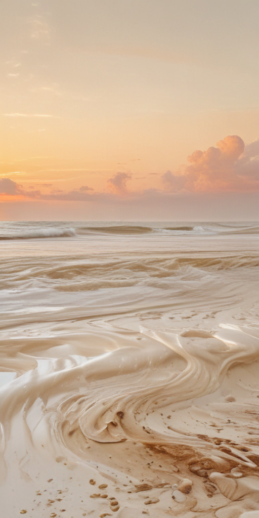 Tranquil Beach Scene at Sunrise with Gentle Waves and Soft Sand Patterns
