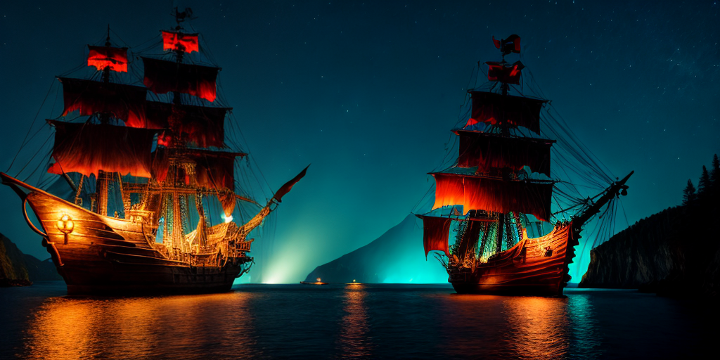pirate ship at night with lighted windows coming into a cove, dark and ...