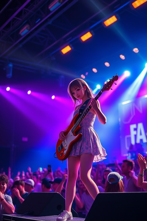 anime girl playing guitar on stage during concert with vibrant lights and a cheering crowd, Canon EOS 5D, f/2.8, ISO 100, 24mm lens, wide-angle view, high dynamic range