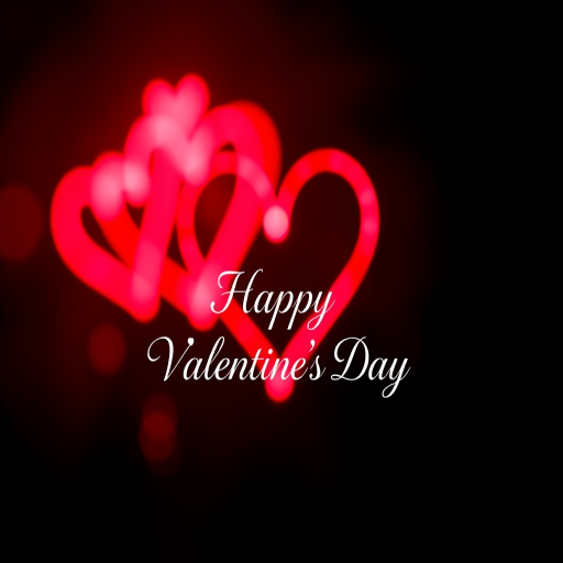 Create a vibrant heart design with glowing red and pink light trails on a black background, featuring the text "Happy Valentine's Day" in an elegant font, shot with a Canon EOS R5 at f/1.8, ISO 100, 50mm lens, using a soft focus effect to enhance the dreamy quality.