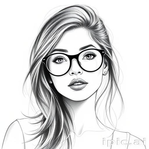 hot mia khalifa, pencil sketch, portrait of beautiful woman 60s in glasses, hair style beatnik, outline, clear lines, fine lines, 8k