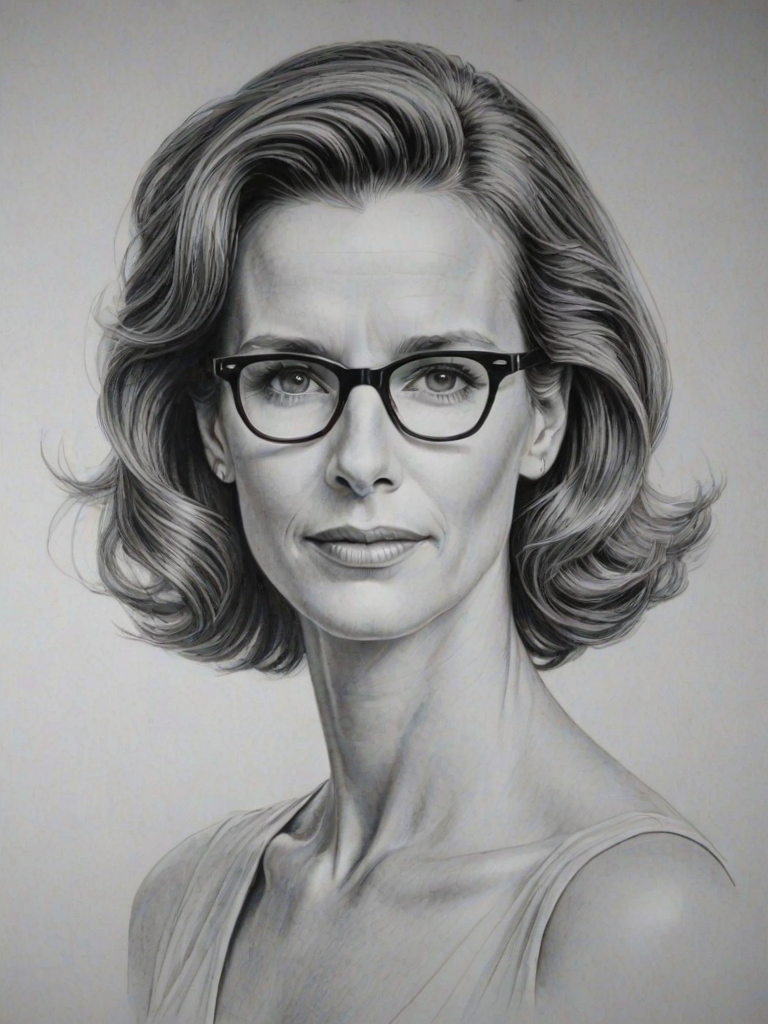 Beauteous Rachel Griffiths, pencil sketch, portrait of Graceful woman 1952s in glasses, hair style beatnik, outline, clear lines, fine lines, 8k