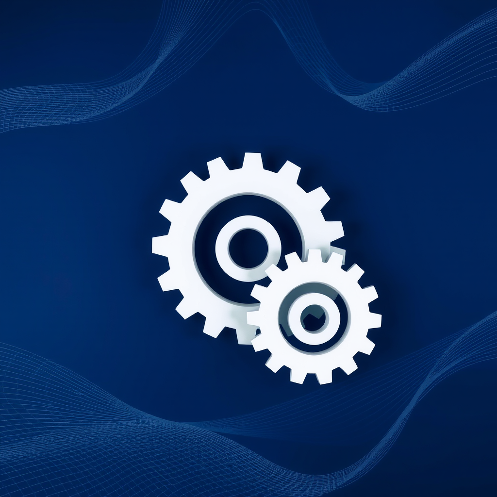 Create an abstract image featuring three overlapping gears of varying sizes in white against a dark blue background with flowing mesh lines, use a DSLR camera, aperture f/8, shutter speed 1/125s, ISO 100, 50mm lens, top-down view, HDR style for enhanced detail.