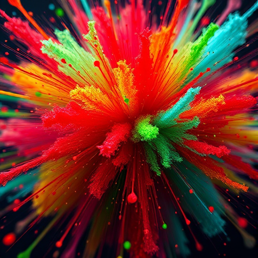 Regenerate an abstract explosion of colors with a focus on vibrant reds, greens, and blues, shot with a Canon EOS R5, 50mm lens, f/2.8 aperture, ISO 100, using a high dynamic range technique and a shallow depth of field for enhanced detail and vibrancy.