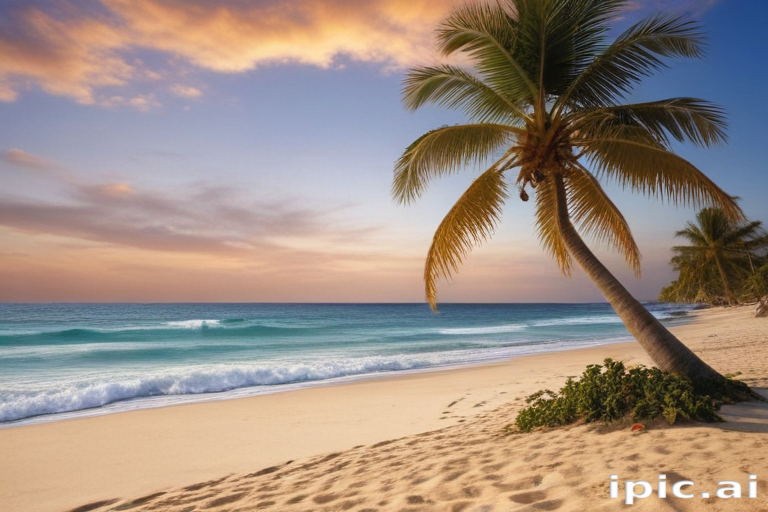 Serene Tropical Beach at Sunset with Gentle Waves and Palm Trees
