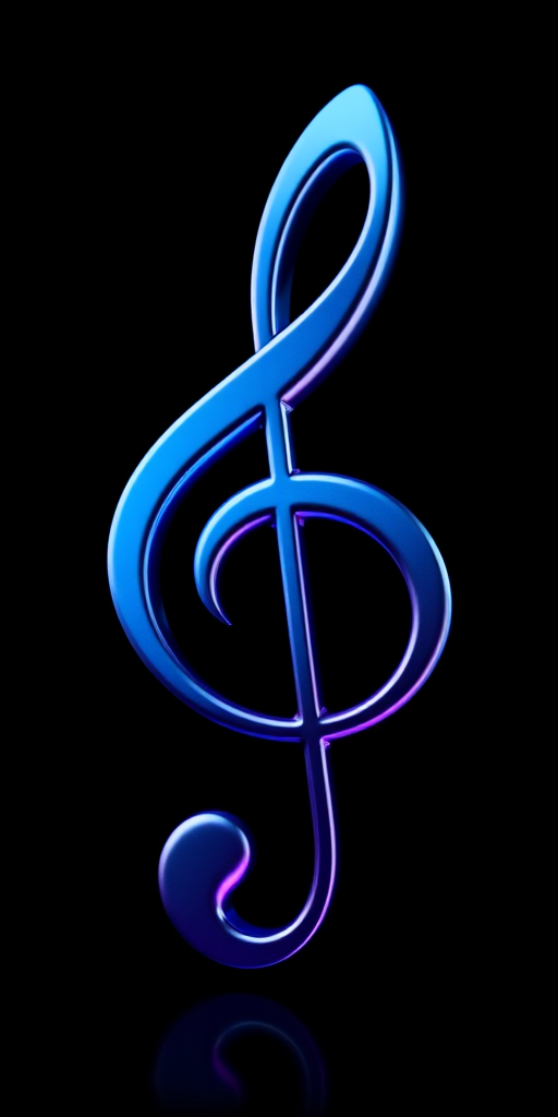 Create a high-resolution image of a glossy treble clef symbol with a gradient of blue and purple colors, captured in sharp focus using a DSLR camera, 50mm lens, f/1.8 aperture, ISO 100, in bright studio lighting against a clean black background.
