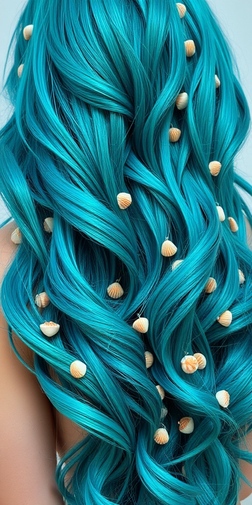 Vibrant teal mermaid waves cascade down her shoulders in the "Oceanic Dreamscape" style, shimmering with iridescent highlights and adorned with tiny seashells woven throughout the lustrous strands