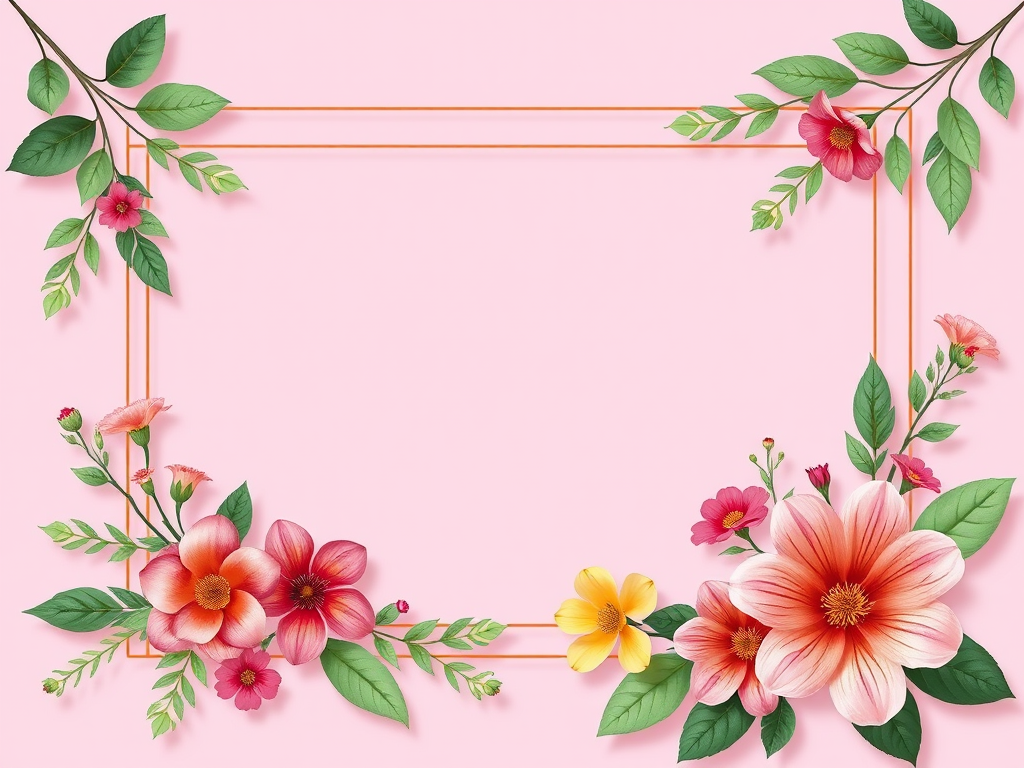 Create a floral vector illustration featuring a pink background with layered frames, vibrant flowers, and leaves in a soft, modern aesthetic shot with a DSLR camera, 50mm lens, f/2.8 aperture, ISO 100, and natural lighting for enhanced colors and details.