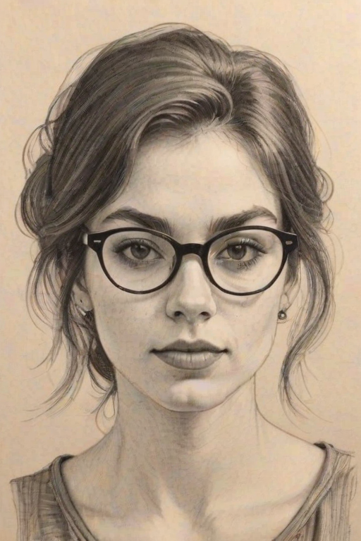 Appealing Dylan Gelula, pencil sketch, portrait of Captivating woman 1979s in glasses, hair style beatnik, outline, clear lines, fine lines, 8k