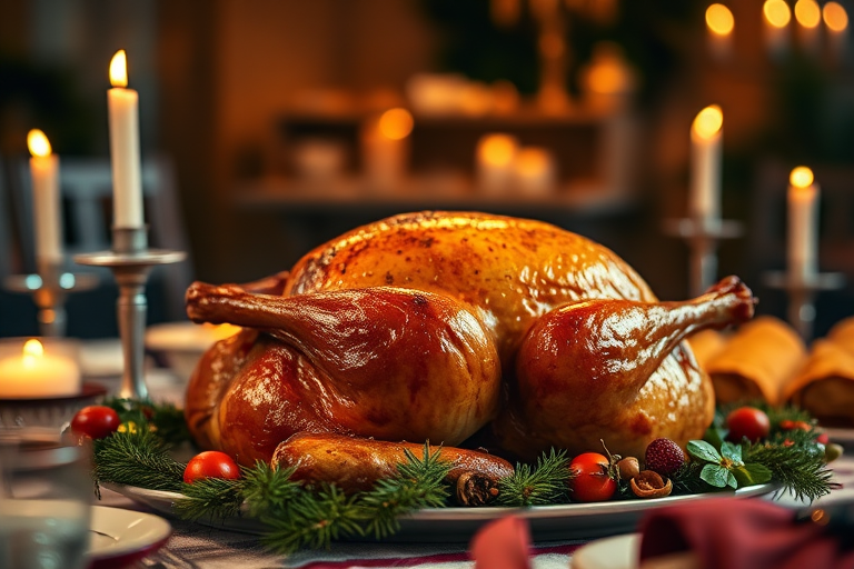 a beautifully roasted turkey on a festive table, warm candlelight ambiance, shallow depth of field, f/2.8, ISO 200, 50mm lens, soft focus background, natural lighting, DSLR camera