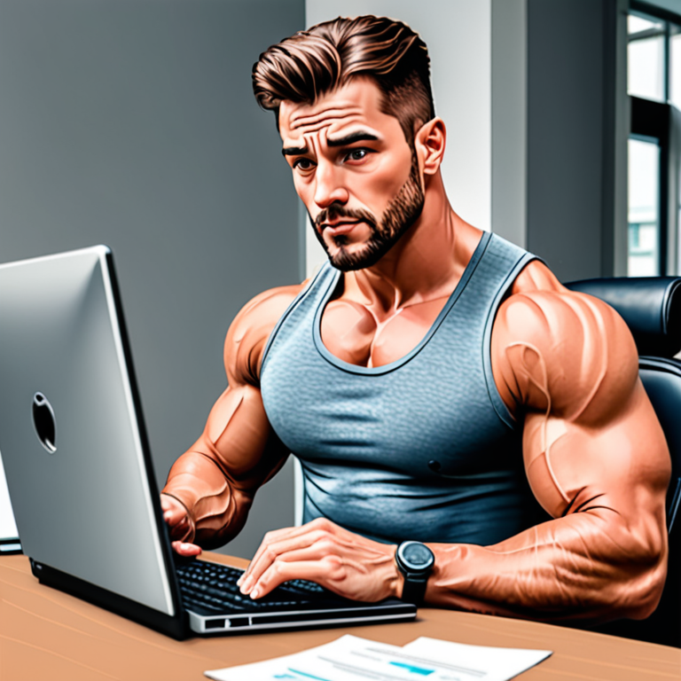 Muscular Man Computer very handsome and muscular man looking at reports on a computer in a ...