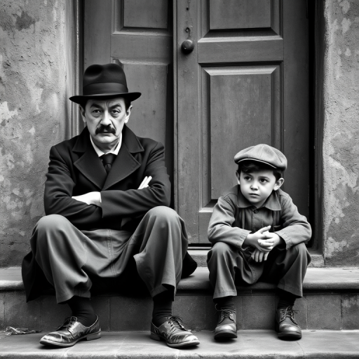 A black-and-white photograph of a man and a child sitting on steps in front of a doorway. The man is dressed as a tramp with a bowler hat, mustache, and ragged clothes, reminiscent of Charlie Chaplin's iconic look. He is sitting with his arms crossed and an expression of slight sadness or frustration. Next to him is a young boy, also in worn clothes and a cap, sitting with his hands clasped, looking thoughtful. The background is an old, textured wall and a partially open door, creating a vintage, early 20th-century atmosphere.