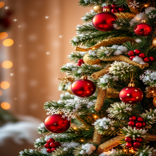 Create an image of a beautifully decorated Christmas tree with red and gold ornaments, surrounded by snowflakes and a soft, glowing background that evokes a warm holiday atmosphere. Include some berry accents and a hint of twinkling lights.