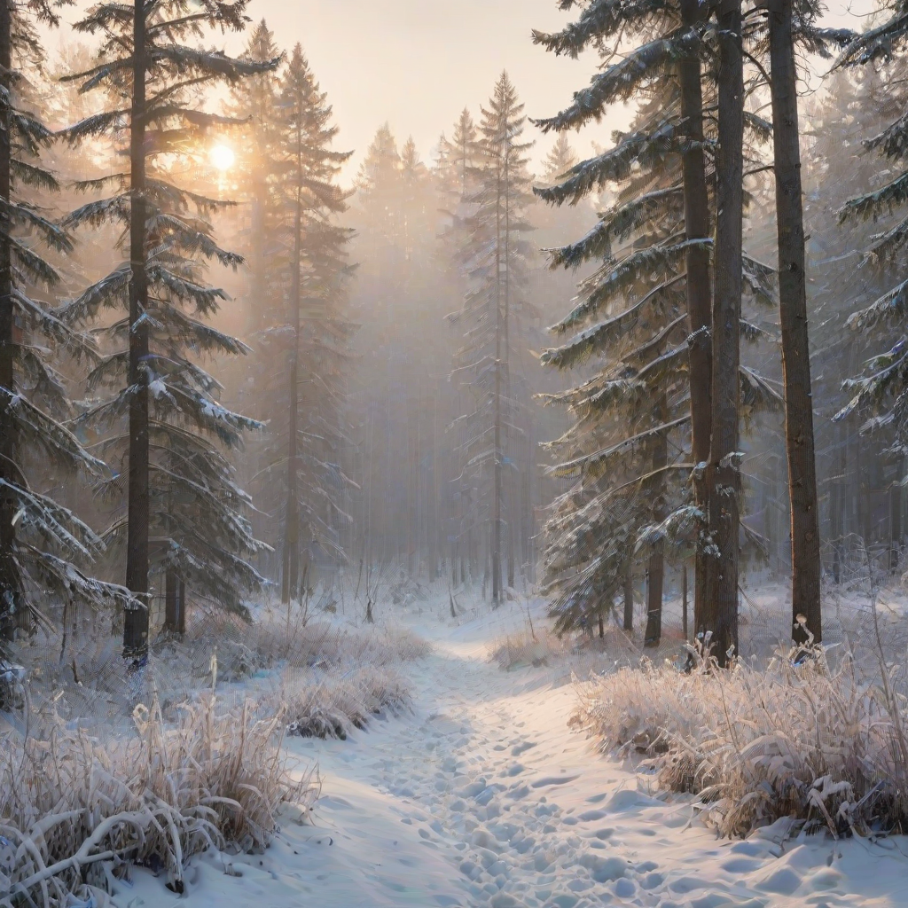 capture a serene winter forest landscape with mist rolling over snow-covered trees using a Canon EOS 5D Mark IV, 50mm lens, aperture f/8, ISO 100, shutter speed 1/200s, golden hour soft light, shallow depth of field for atmospheric effect
