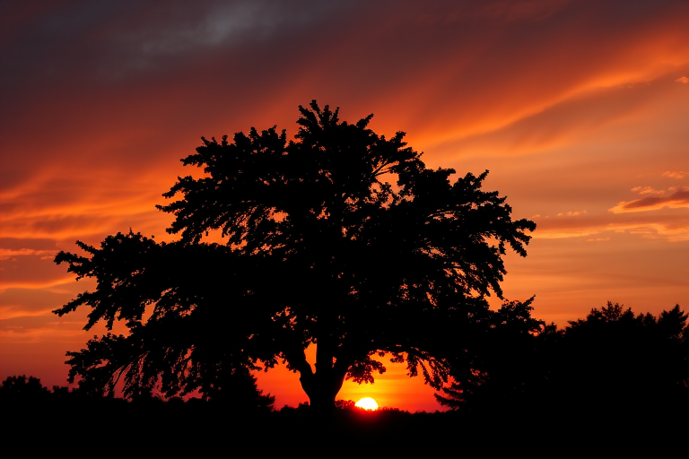 Generate an image of a silhouette of a tree against a sunset, use a DSLR camera with a 50mm lens, aperture f/1.8, ISO 100, shutter speed 1/200s, shot from a low angle with a warm color filter to enhance the vibrant colors of the sky.