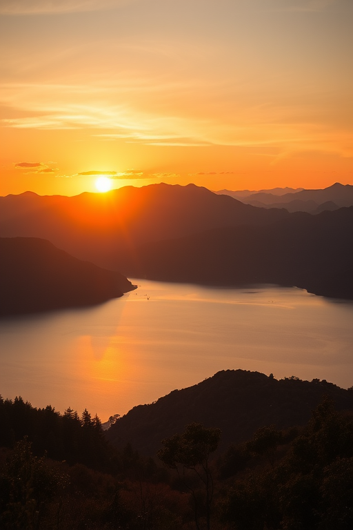 Generate a high-quality image of a serene landscape featuring a sunset over mountains with a lake in the foreground, use a Canon EOS R5 camera with a 24-70mm lens, aperture f/8, ISO 100, shutter speed 1/250s, in landscape orientation and golden hour lighting for optimal color richness.