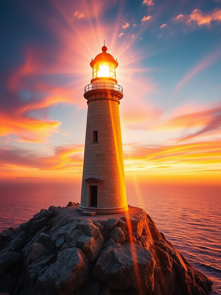 Generate an image of a tall lighthouse perched on a rocky outcrop surrounded by calm ocean waters during a breathtaking sunset. The lighthouse stands sturdy and weathered, its stone surface illuminated by the warm golden light of the setting sun. The sun's rays pass directly through the glass lantern room at the top of the lighthouse, casting a brilliant light across the scene. The sky is painted with vibrant shades of orange, pink, and purple, reflecting off the tranquil sea. The surrounding water shimmers with the same warm hues, creating a serene and majestic atmosphere.