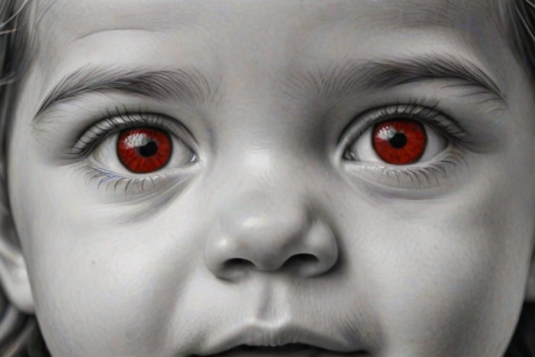 A hyperdetailed photorealistic black and white sketch of a beautiful toddler with deep red eyes, with a macro focus