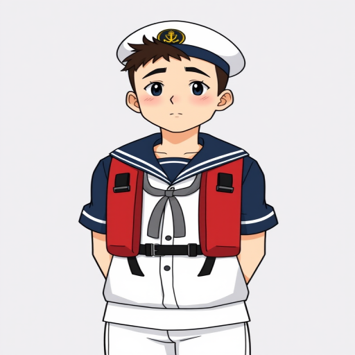 Create an illustration of a sailor wearing a navy uniform with a red life jacket, standing upright with a neutral expression, high-resolution vector style, portrait orientation, 300 DPI.