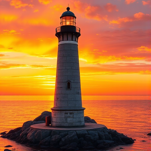 Generate an image of a tall lighthouse perched on a rocky outcrop surrounded by calm ocean waters during a breathtaking sunset. The lighthouse stands sturdy and weathered, its stone surface illuminated by the warm golden light of the setting sun. The sun's rays pass directly through the glass lantern room at the top of the lighthouse, casting a brilliant light across the scene. The sky is painted with vibrant shades of orange, pink, and purple, reflecting off the tranquil sea. The surrounding water shimmers with the same warm hues, creating a serene and majestic atmosphere.