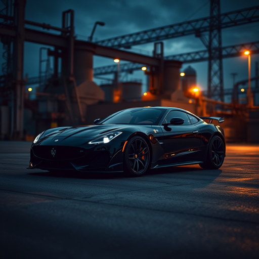 regenerate a high-quality image of a sleek black sports car in a moody industrial setting at dusk, using a Canon EOS R5 with a 35mm f/1.4 lens, aperture set to f/2.8, shutter speed 1/60 sec, ISO 200, low angle shot, soft focus background, emphasizing dramatic lighting and car details.