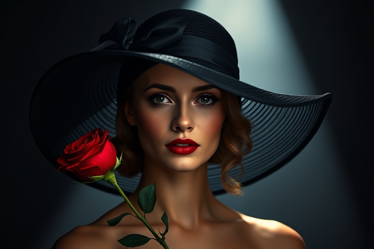 Create a striking portrait of a woman with a large black hat and a red rose, using a Canon EOS 5D Mark IV with a 50mm f/1.8 lens, aperture set to f/2.8, ISO 200, 1/125s shutter speed, shot from a slightly low angle to emphasize the dramatic lighting and vibrant colors, utilizing a moody chiaroscuro style to enhance depth and contrast.