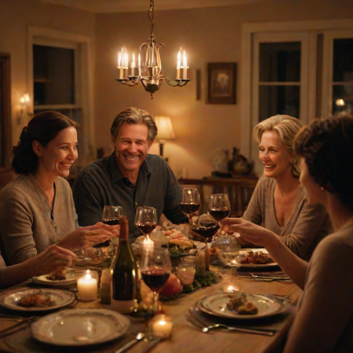 Warm, softly lit image of a family gathered around a dinner table, laughter and conversation filling the room, soft glow from candles reflecting off wine glasses, the smell of home-cooked food lingering in the air, shadows flickering on the walls from the candlelight.