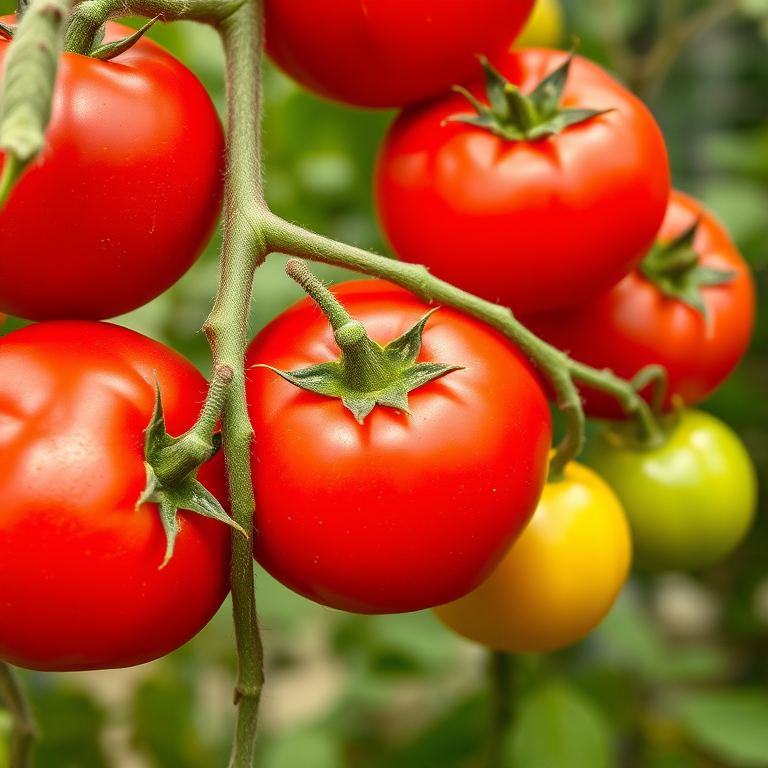 Capture a close-up image of a vine with six ripe red tomatoes and two unripe green tomatoes, using a DSLR camera at f/4 aperture, ISO 100, 1/200 sec shutter speed, with a macro lens for sharp details and a blurred background, in natural light.