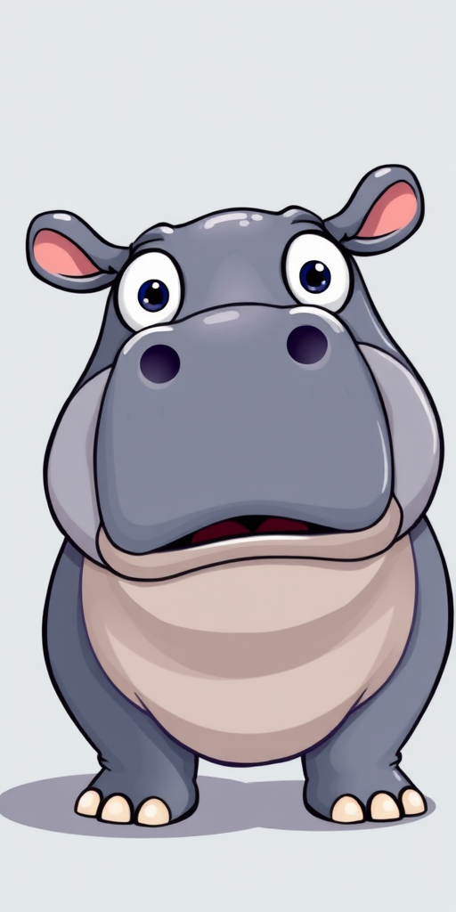 Generate a cartoon-style illustration of a surprised hippo with large eyes, use a bright color palette, camera settings: 50mm lens, f/2.8 aperture, ISO 100, soft lighting, view from a low angle to enhance perspective, use a digital camera with high resolution for clarity.