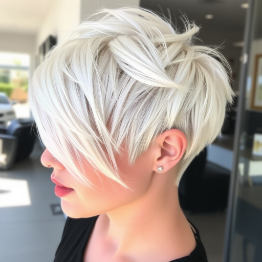Striking platinum blonde pixie cut with edgy asymmetrical layers, featuring a bold undercut design and delicate silver streaks that catch the light, exuding confidence and modern sophistication.