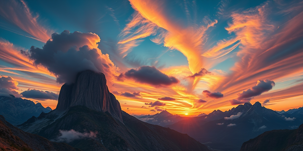 Create a high-resolution digital illustration of a surreal landscape featuring towering mountains, swirling clouds, and a vibrant sky at sunset, captured with a Canon EOS R5, 24mm f/1.4 lens, ISO 100, aperture f/8, shutter speed 1/125 sec, in a wide-angle perspective to enhance depth and detail.