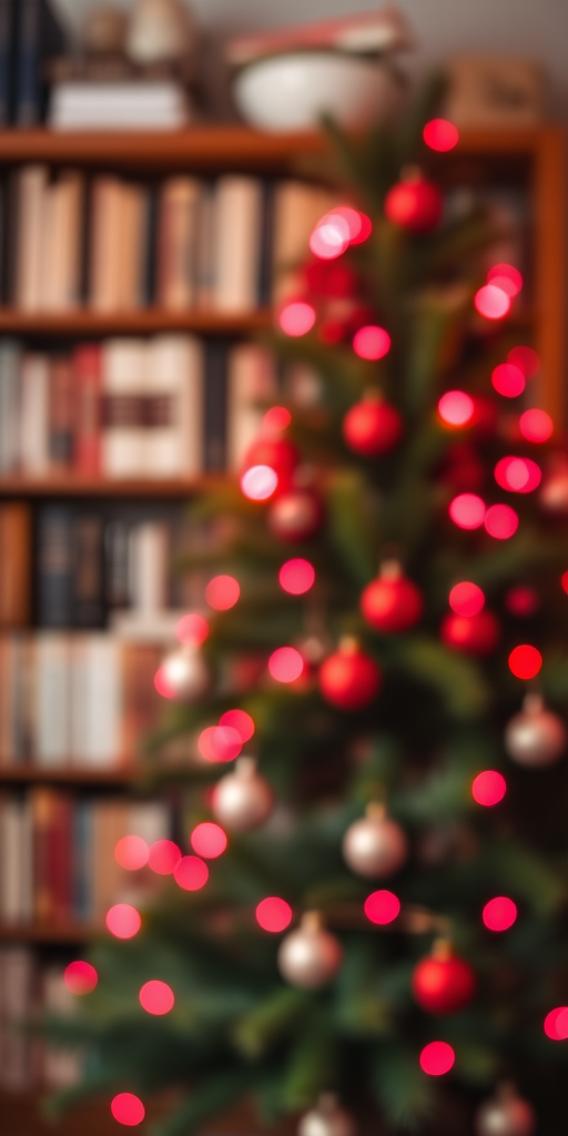 Create an image of a softly blurred Christmas tree in the foreground with vibrant red and pink lights. In the background, include a bookshelf filled with books, and ensure the setting has a warm, festive atmosphere. The focus should be on the bokeh effect of the lights while maintaining a hint of the surrounding environment.