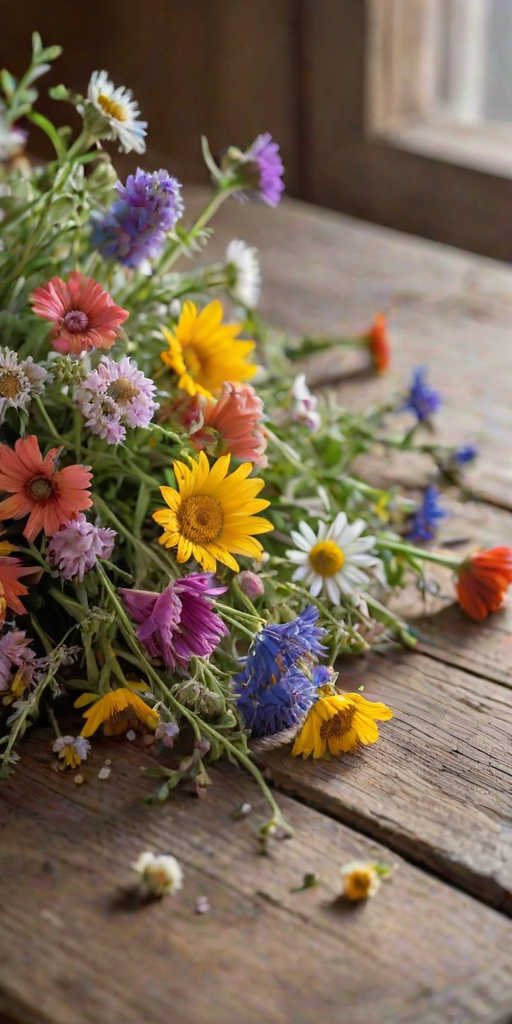 Close-up of a freshly picked bouquet of wildflowers on a rustic wooden table, soft morning light illuminating the vibrant colors, with a faint breeze gently rustling the petals.