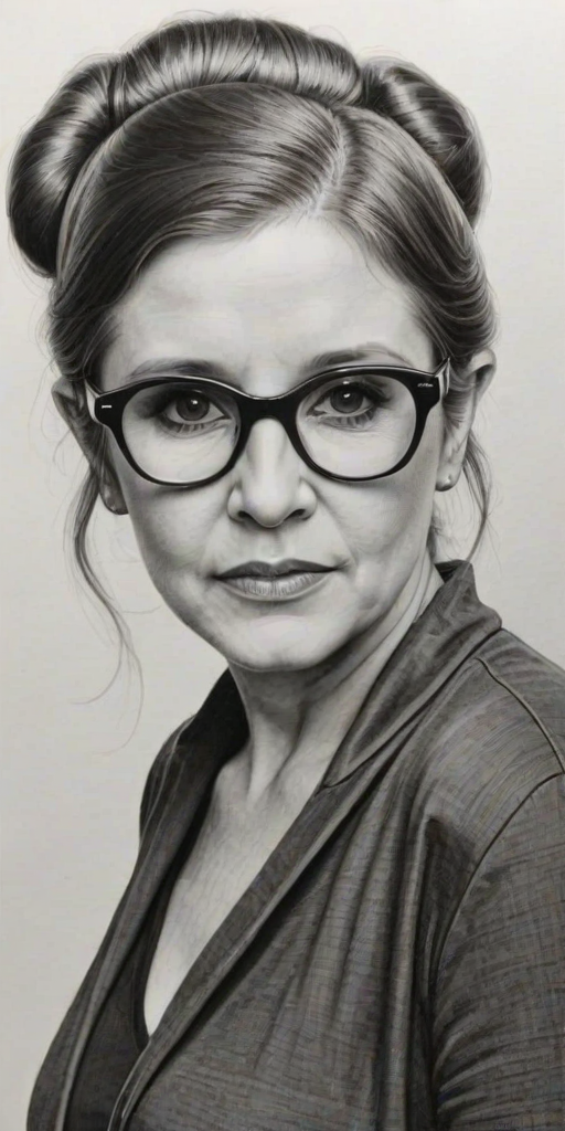 Captivating Carrie Fisher, pencil sketch, portrait of Wonderful woman 1951s in glasses, hair style beatnik, outline, clear lines, fine lines, 8k