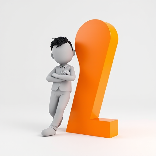 3D character leaning against a large orange information symbol, high detail, studio lighting, ISO 100, f/4, 1/125 sec, 50mm lens, shallow depth of field, soft shadows, white background.