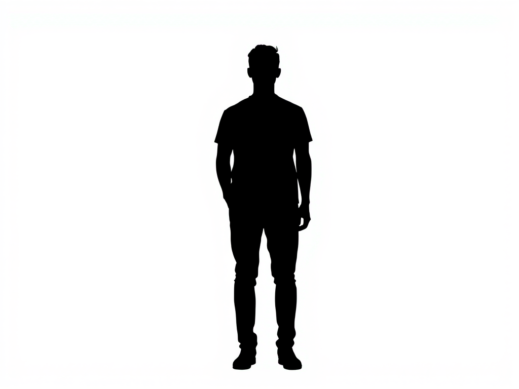 Generate a high-quality image of a simple black silhouette of a person standing upright in a neutral pose, using a DSLR camera with an aperture of f/2.8, ISO 100, shutter speed 1/200s, shot from a frontal view with natural lighting.
