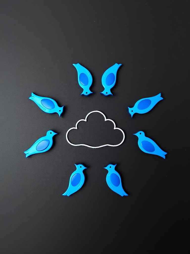Create a symmetrical mandala design with a central cloud shape surrounded by four blue bird figures, set against a black background with small stars, captured with a DSLR camera, 50mm lens, f/2.8 aperture, ISO 100, and a soft-focus effect.