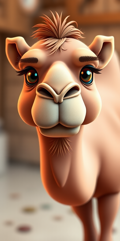 regenerate a cartoon-style illustration of a camel with a slight frown, vivid colors, front view, high resolution, soft lighting, DSLR camera, f/2.8 aperture, 50mm lens, ISO 100, with a blurred background for depth.