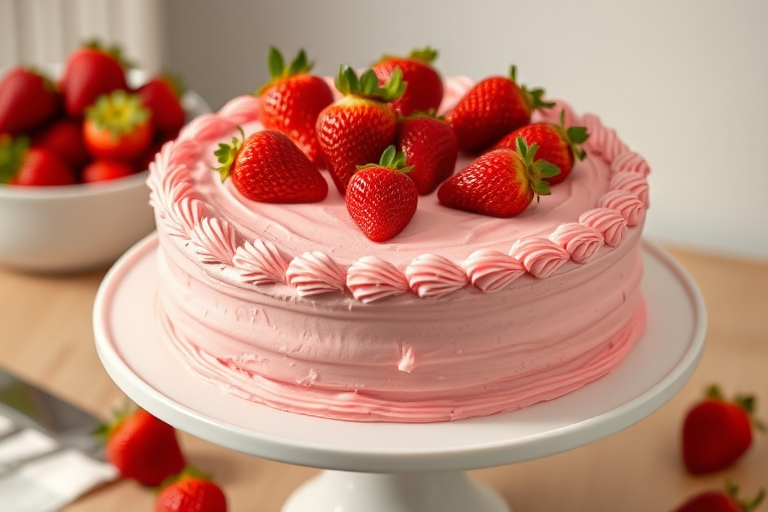 A beautifully decorated round cake with smooth pink frosting and intricate piping around the edges topped with fresh strawberries, placed on a white cake stand with a bowl of strawberries in the background.