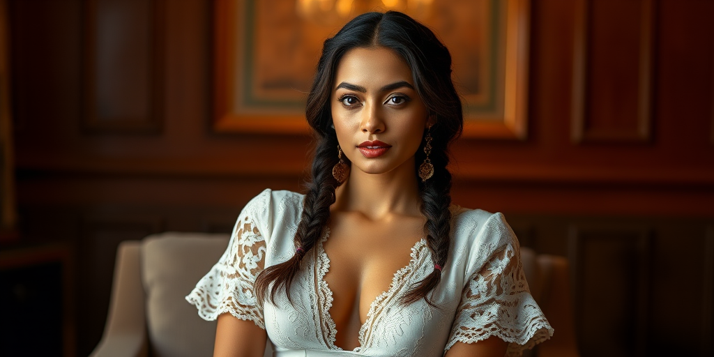 Create a portrait of a refined and elegant Cambodian woman seated in a sophisticated setting. She has long, wavy hair styled in two thick braids that are pulled over her shoulders. She wears a white, lace gown with intricate patterns, featuring a deep V-neckline and short sleeves. The dress exudes a vintage charm with its delicate lacework. She is adorned with ornate, dangling earrings that add a touch of glamour to her appearance. The background is softly lit, with warm, ambient lighting that creates a cozy and inviting atmosphere. Her expression is poised and serene, capturing a sense of grace and elegance.