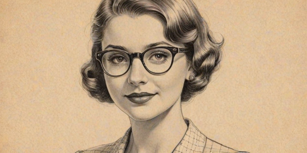 Beauteous Natalie Dyer, pencil sketch, portrait of Delightful woman 1930s in glasses, hair style beatnik, outline, clear lines, fine lines, 8k