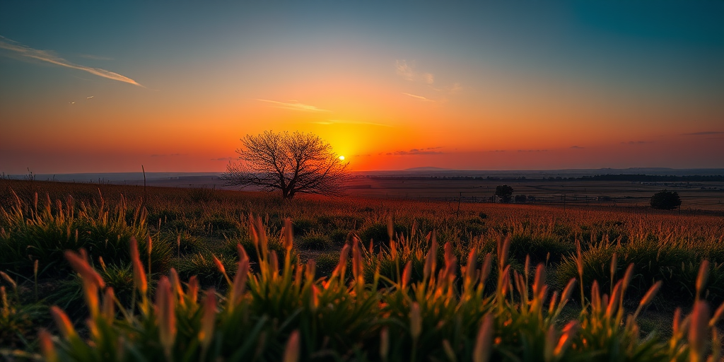 Create a high-resolution image of a serene landscape during sunset, using a Canon EOS 5D Mark IV with a 24mm f/1.4 lens, aperture set to f/8, ISO 100, and a shutter speed of 1/125 seconds, captured from a low angle view to emphasize foreground details and create depth.
