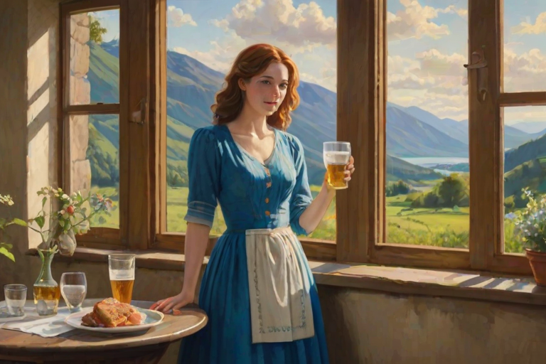 In "A Glass of Beer on the Highland," a serene scene is depicted in a sunlit room where a woman in a vibrant blue dress stands by a large window. She holds a tray with a hearty meal and a frothy glass of beer, embodying a moment of relaxation. Outside, the breathtaking highland landscape features rolling green hills and a charming traditional house, all bathed in warm afternoon light. The interior is adorned with potted plants, creating a harmonious blend of comfort and nature. The painting beautifully captures the tranquility and joy found in simple pleasures amidst stunning scenery