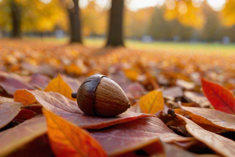 Softly focused close-up of a single acorn resting on a bed of vibrant autumn leaves, soft golden light illuminating the rich reds, oranges, and yellows, with distant trees barely visible in the background.