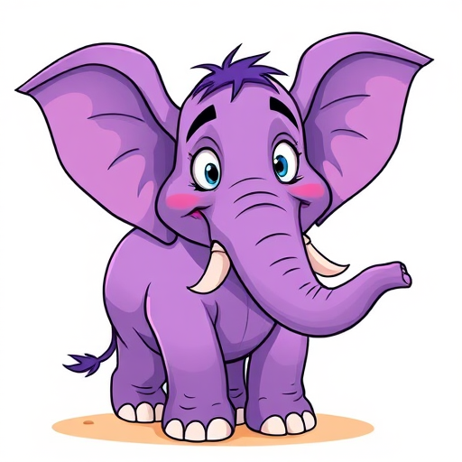 Create a cartoon-style image of a purple elephant with exaggerated features, large wings, and a mischievous expression, using a 50mm lens, f/2.8 aperture, ISO 100, with a bright, colorful background in a digital illustration style.