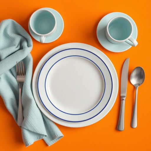 Generate a high-resolution image of a table setting featuring a white plate with blue rim, a small white saucer, a light blue cup, a silver fork, a knife, and a spoon on an orange background, top-down view, DSLR camera, f/2.8 aperture, ISO 100, 50mm lens.