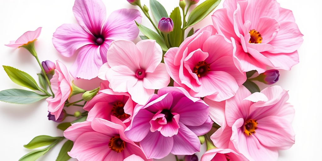 a vibrant watercolor floral arrangement with soft pink and purple flowers on a clean white background, taken with a Canon EOS R5, aperture f/2.8, ISO 100, 50mm lens, soft focus style, top-down view to enhance detail and color vibrancy