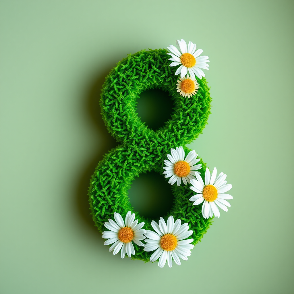 Create an image of a vibrant green number eight adorned with white daisies, using a Canon EOS R5 with 50mm f/1.2 lens, aperture set to f/2.8, ISO 100, and a soft-focus background for depth.