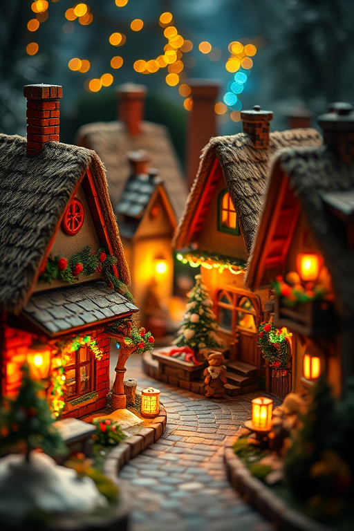 A whimsical village scene during the holiday season featuring cozy thatched-roof houses adorned with colorful lights and decorations surrounded by small trees and glowing lanterns creating a warm and enchanting atmosphere with a soft focus effect.
