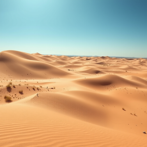capture a vast desert landscape with rolling sand dunes and sparse vegetation under a clear blue sky, using a DSLR camera with a 24mm lens, f/8 aperture, 1/200s shutter speed, ISO 100, taken from a high vantage point for expansive depth of field